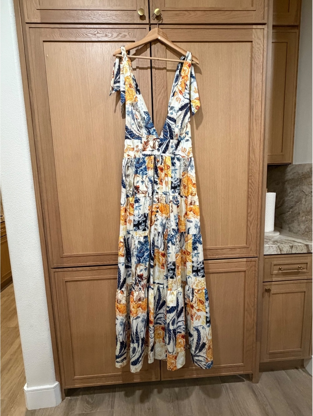 Boho Patchwork Floral Tie Shoulder Tiered Maxi Dress Blue Gold Cream